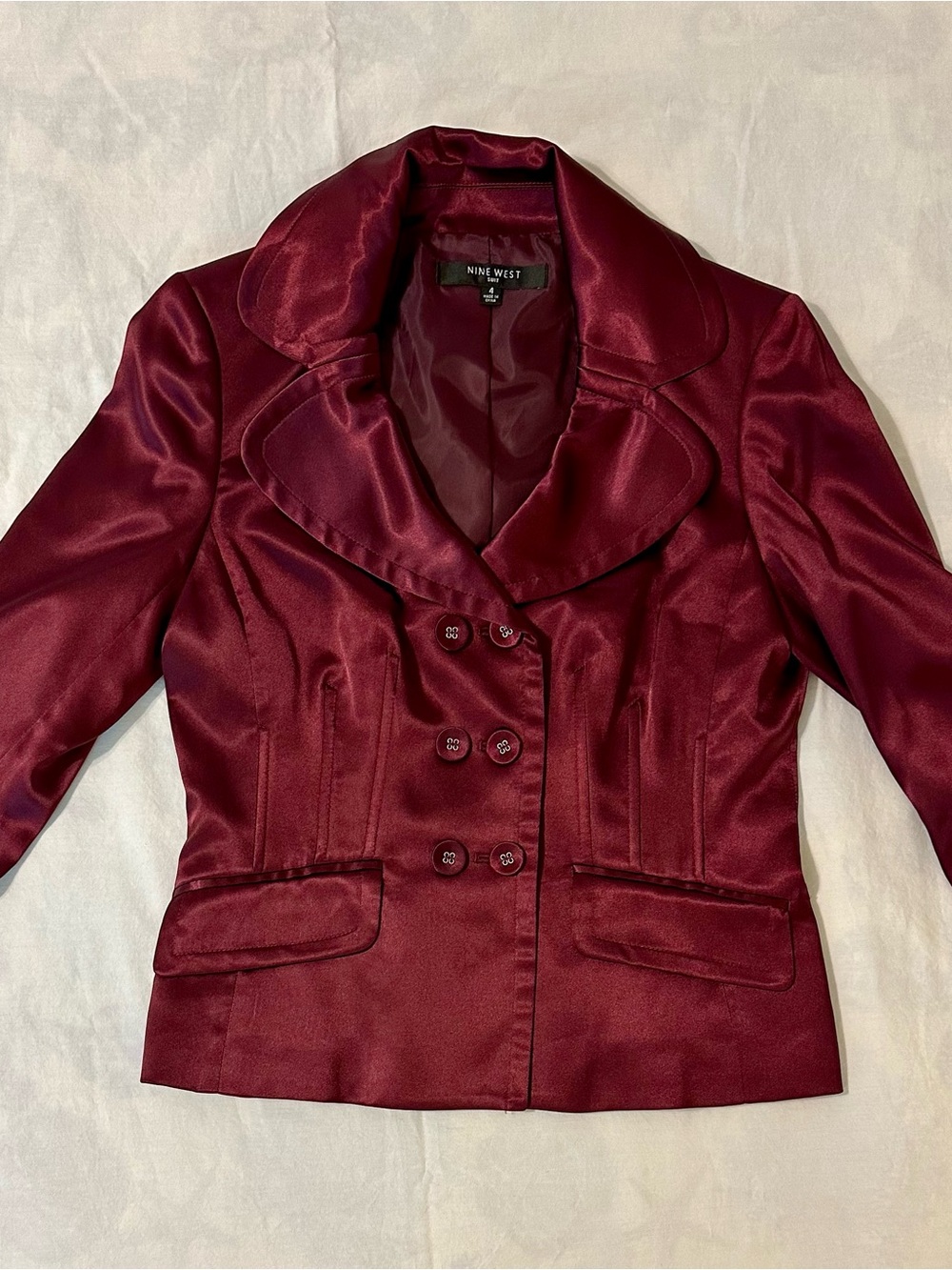 Nine West Satin Burgundy Double-Breasted Blazer